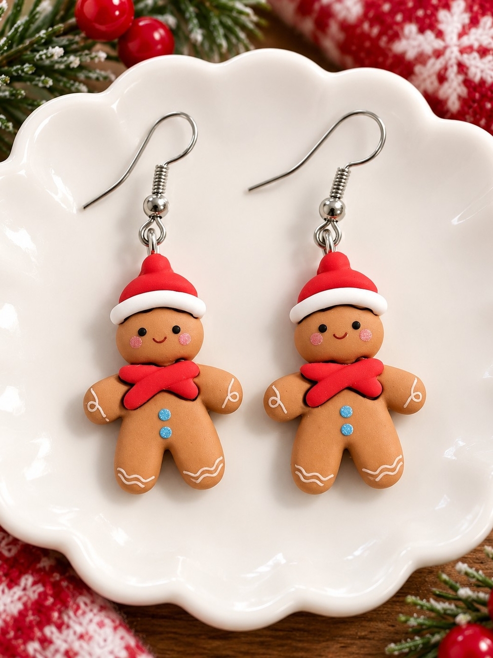 Gingerbread Christmas Dangle Drop Earrings with Red Hat and Scarf New